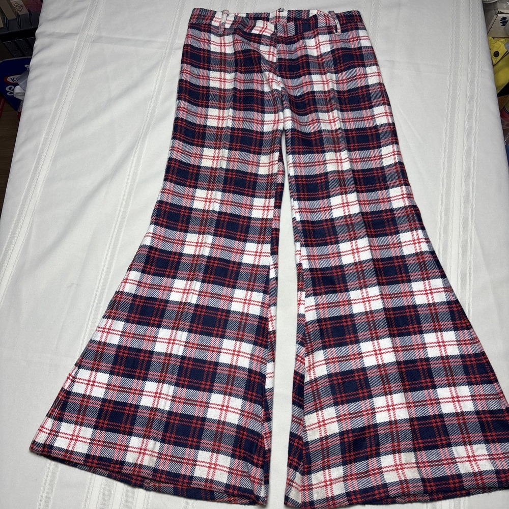 Vtg  1970's Happy Legs Wool Super Bell bottoms Window Pane plaid Red Blue White